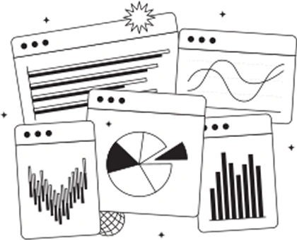 Five illustrated data dashboards display various charts, including line graphs, a pie chart, and bar graphs, arranged in overlapping windows
