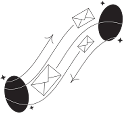Emails flying between two servers, illustrating fast email delivery.
