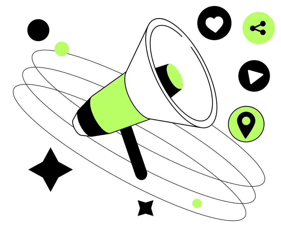 Illustration of a megaphone surrounded by icons including a share symbol, location pin, heart, play button, stars, and circles on a black background.