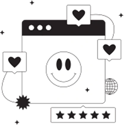 Happy smiley face on website with five-star review and hearts